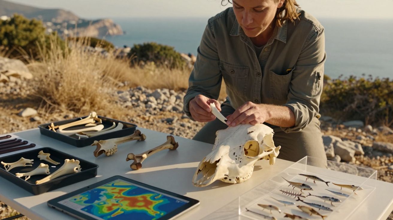 Investigadora analisa crânio animal e ossos numa mesa ao ar livre junto ao mar.
