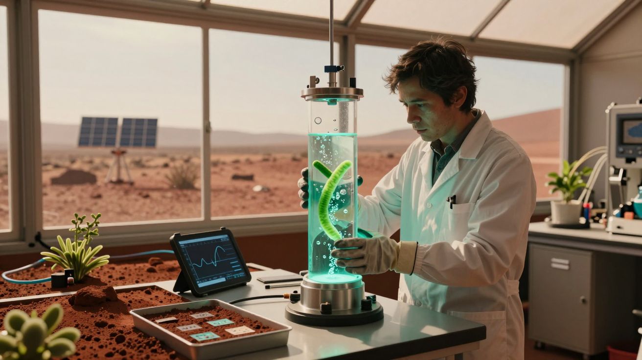 Cientista com bata branca a analisar organismo brilhante verde numa cápsula num laboratório em ambiente desértico.