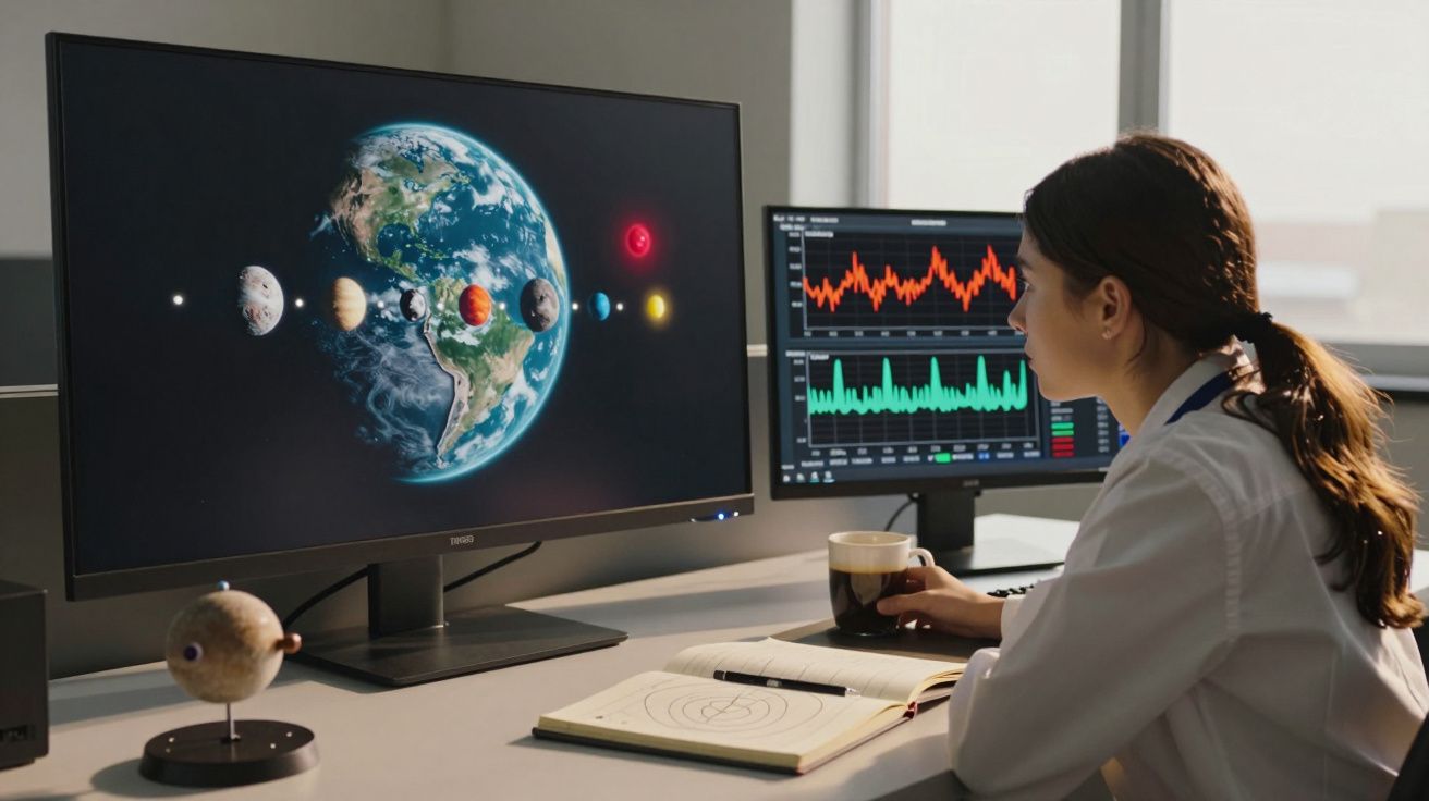 Mulher a observar gráficos em ecrãs, um com sistema solar e outro com dados científicos, num escritório luminoso.