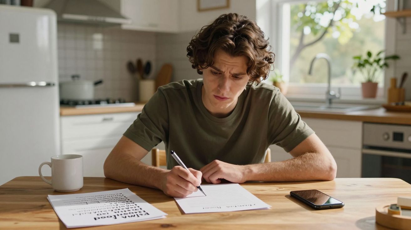 Homem jovem com expressão preocupada escreve à mão numa cozinha, com documentos, telemóvel e chávena à sua frente.
