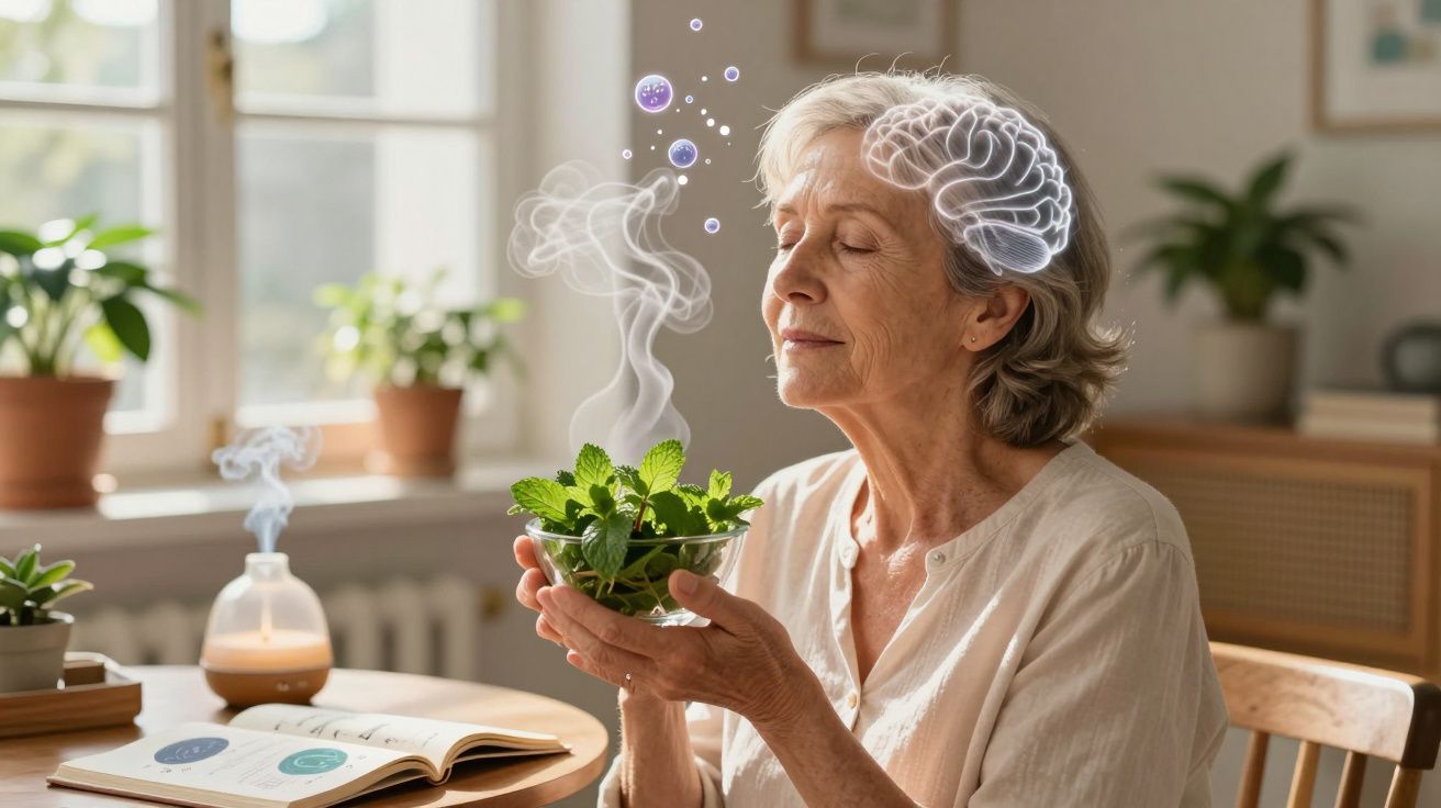 Mulher idosa cheira plantas frescas, transmitindo calma e estimulação cerebral num ambiente luminoso.