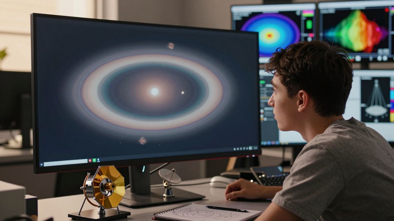 Pessoa a analisar imagem de sistema solar num ecrã de computador numa sala de ciência ou laboratório.