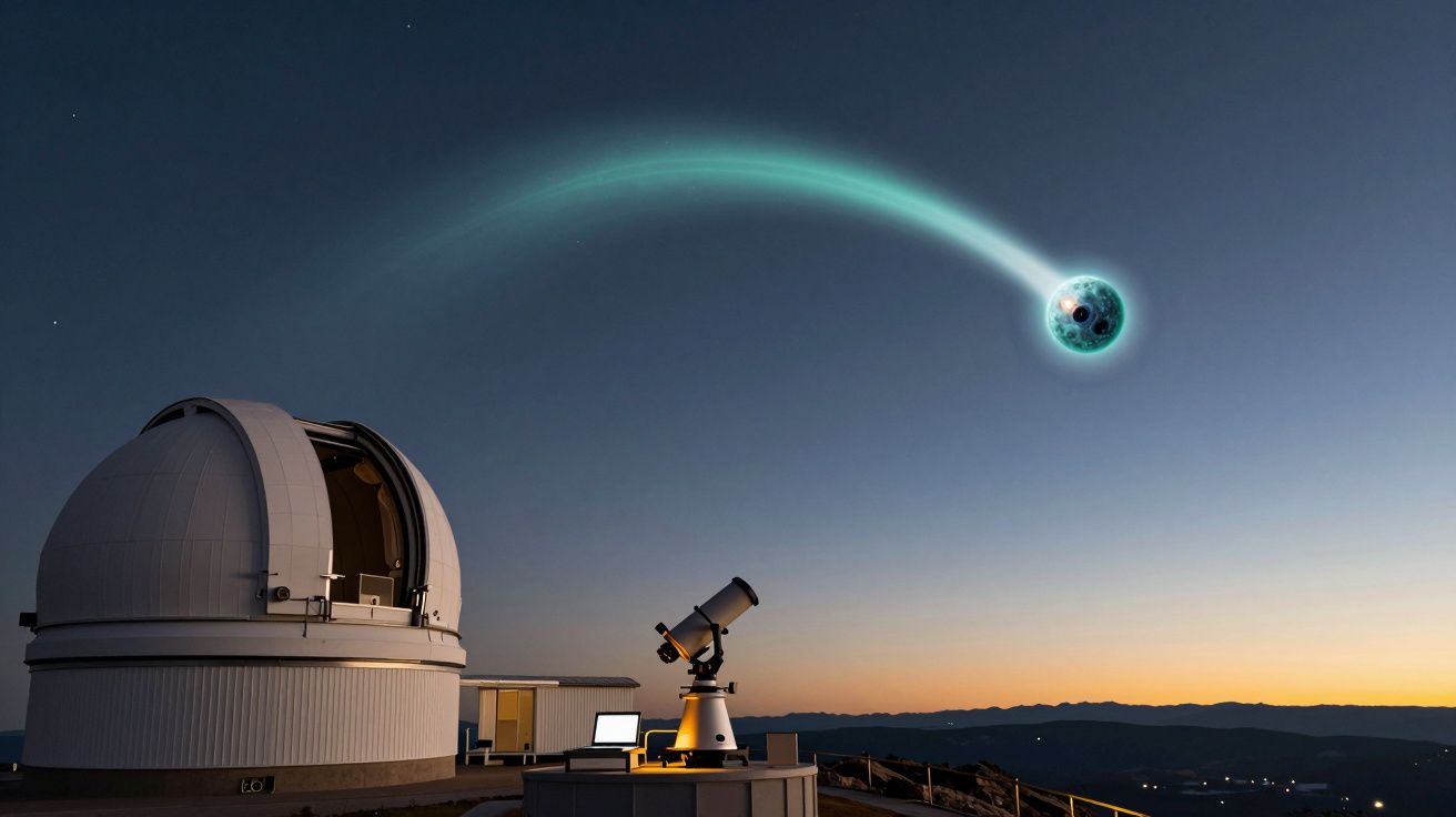 Observatório astronómico ao pôr do sol com cometa brilhante no céu.