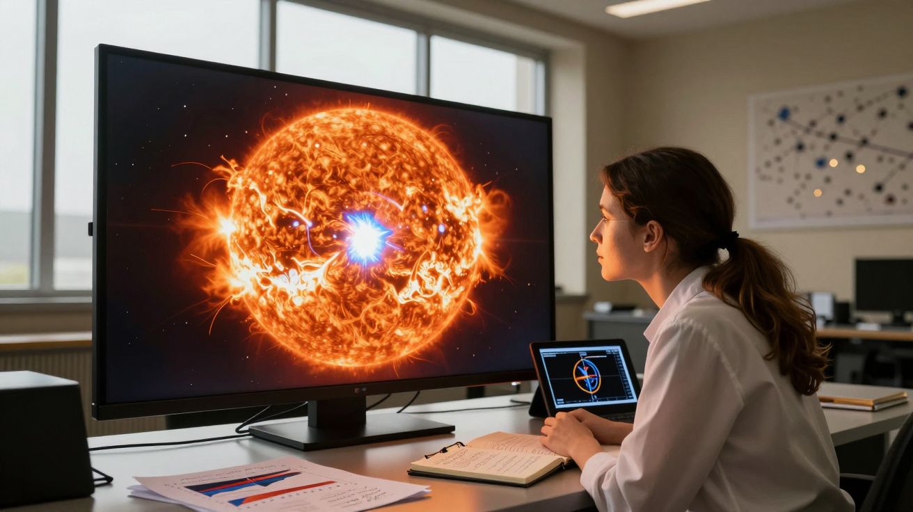 Mulher olhando estudo de uma imagem digital do sol numa sala moderna com equipamentos tecnológicos.