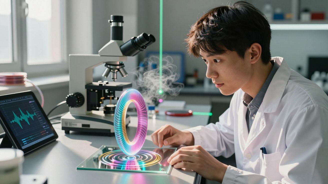 Cientista jovem observa anel holográfico colorido em laboratório com microscópio e tablet ao lado.