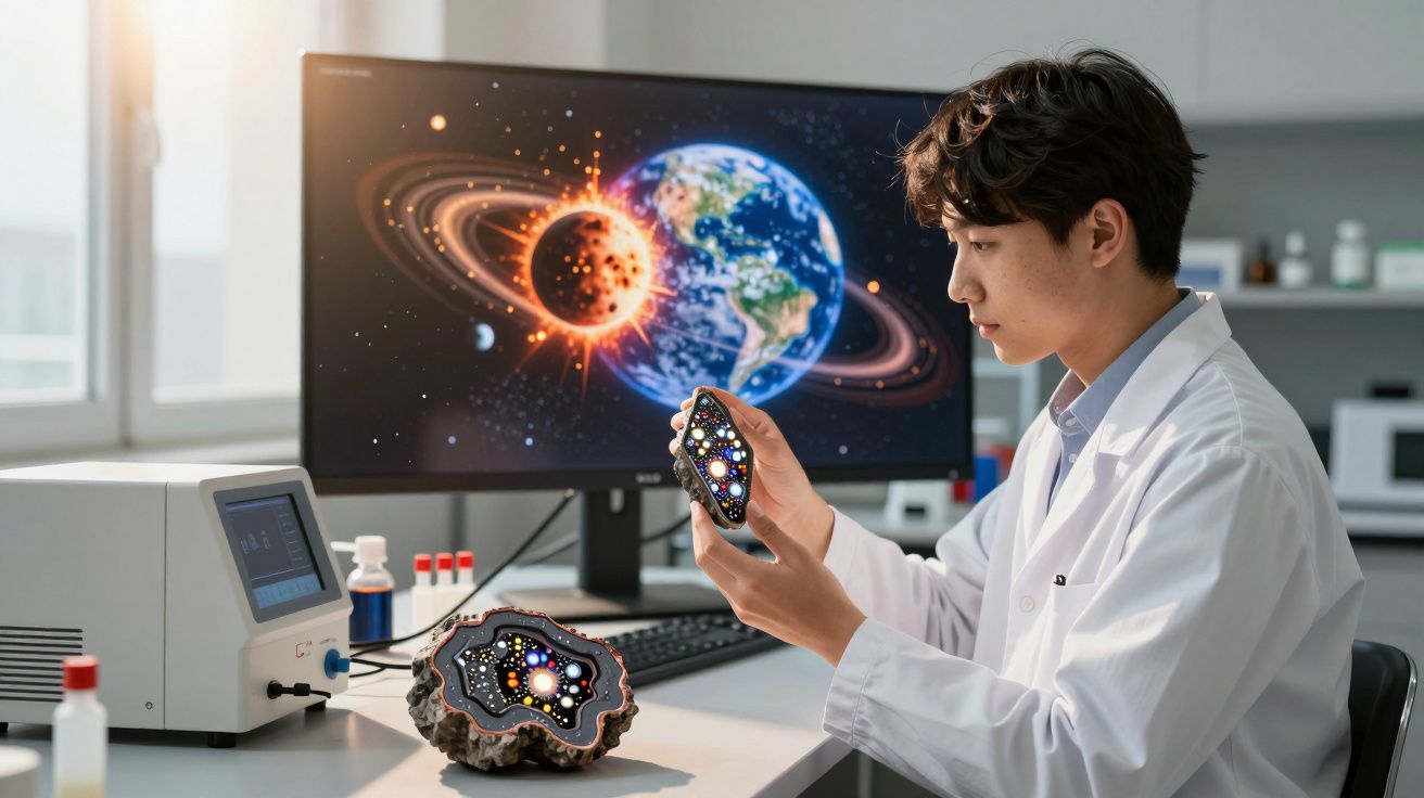 Cientista em laboratório a examinar uma rocha com modelo do sistema solar, computador mostra colisão planetária.