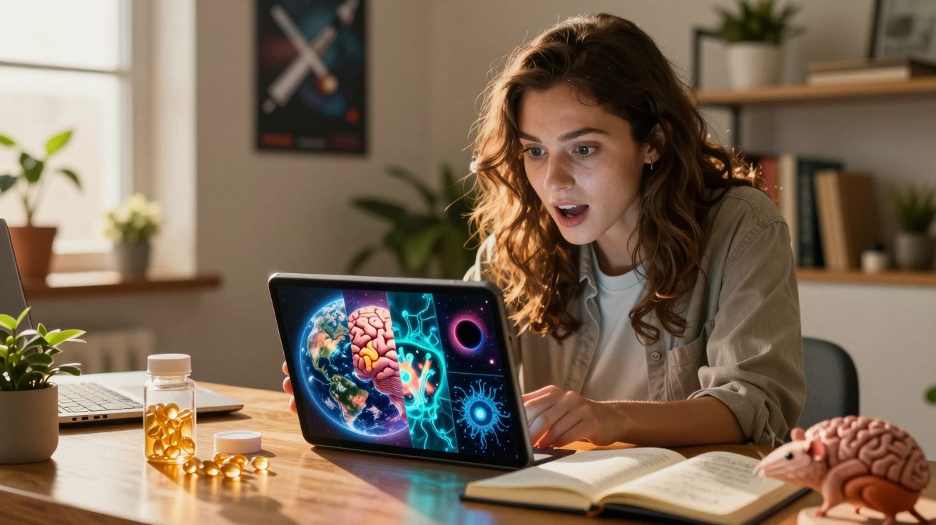 Jovem surpreendida com imagens de ciência e cérebro projetadas no ecrã do seu portátil em ambiente de estudo.