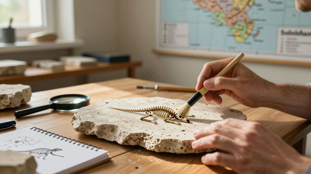 Mãos a limpar fóssil de pequeno réptil numa pedra, com lupa e desenho esquelético numa mesa.
