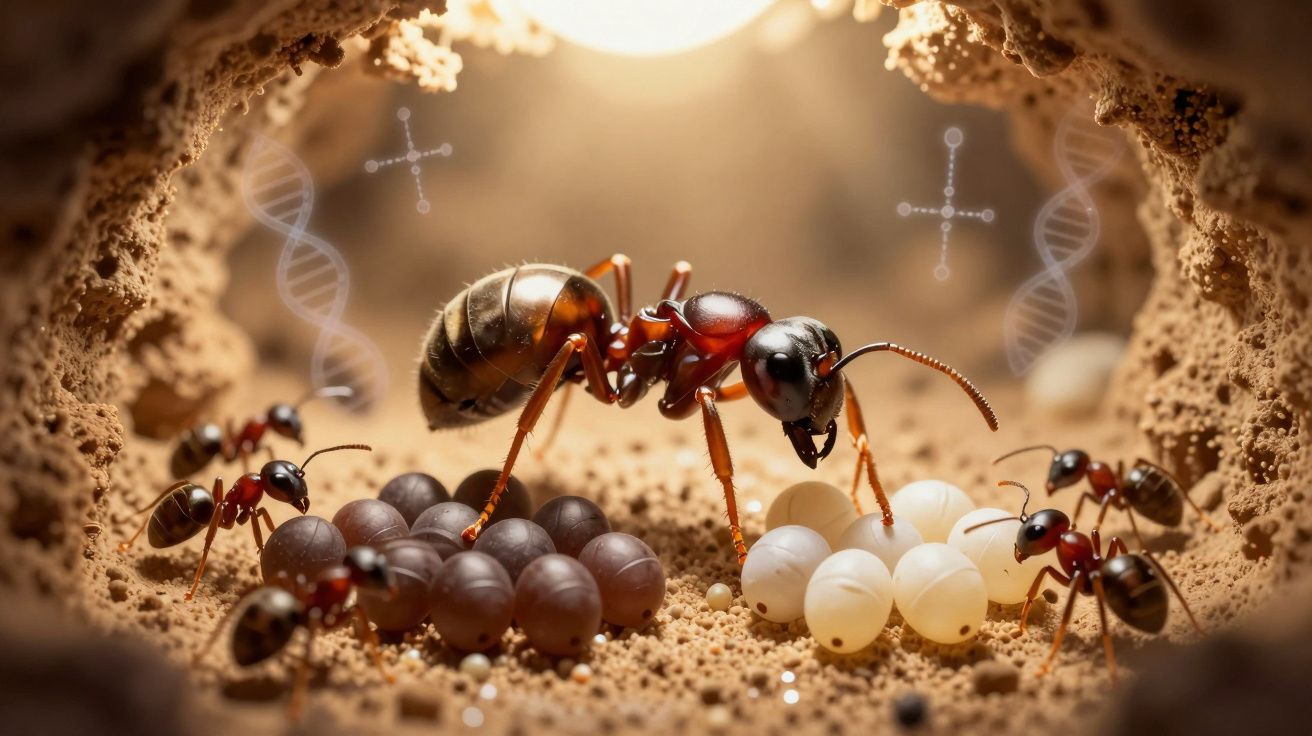 Formiga cuidando de ovos escuros e claros dentro de um formigueiro com detalhes de DNA ao fundo.