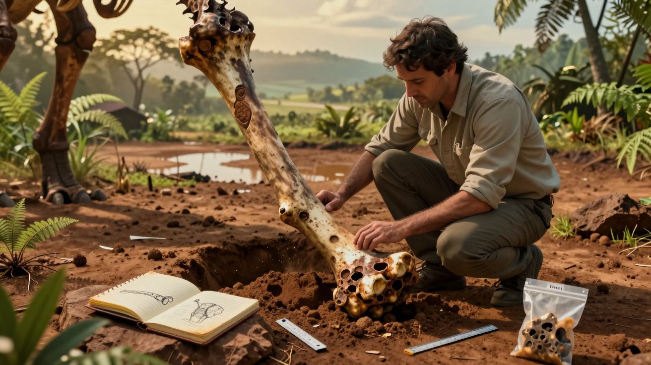 Homem examina osso gigante numa escavação arqueológica com caderno, réguas e saco de ossos ao redor.