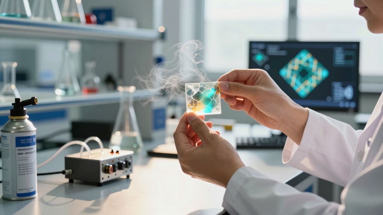 Mãos seguram uma amostra transparente quente e fumegante num laboratório com equipamento científico ao fundo.