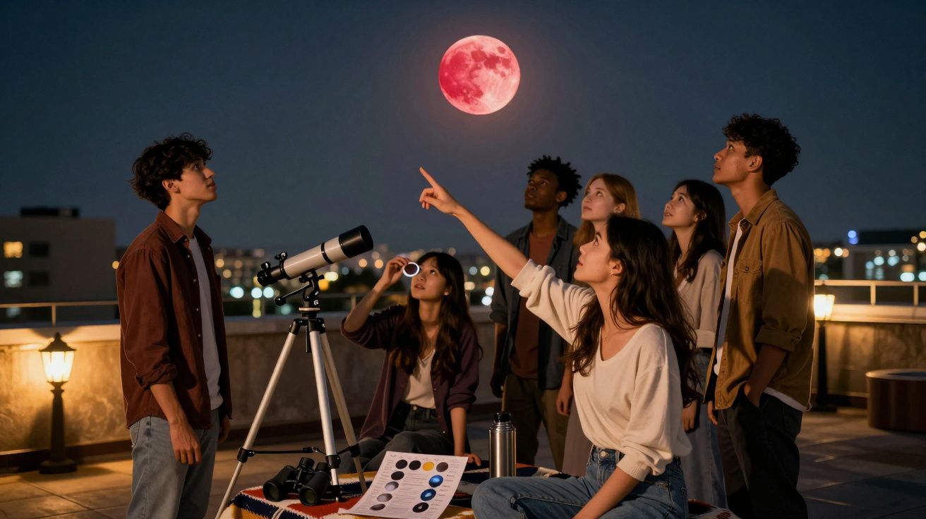 Grupo de jovens numa varanda a observar uma lua cheia avermelhada com telescópio à noite.