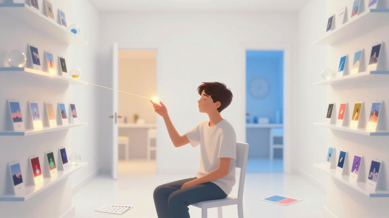 Garoto sentado numa cadeira num quarto branco tocando com o dedo numa linha luminosa entre fotos nas paredes.