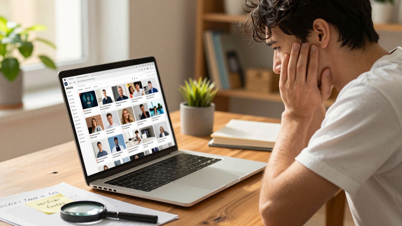 Homem jovem a olhar para a página de contactos num computador portátil numa mesa de madeira.