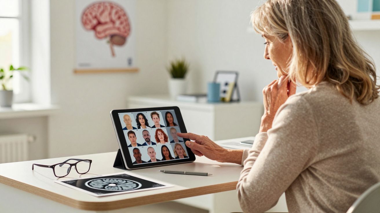Mulher numa videochamada num tablet numa sala com mesa, óculos e imagem de cérebro na parede.