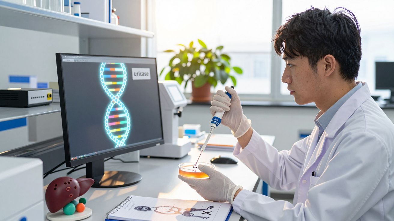 Cientista asiático a usar pipeta para amostrar numa placa de Petri, com imagem de DNA num ecrã ao fundo.