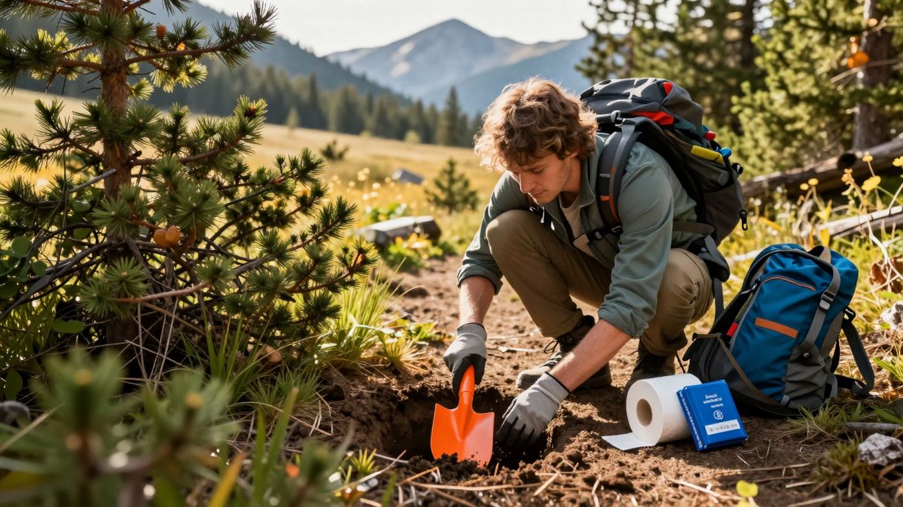 Homem com mochila a cavar terra num trilho de montanha, rodeado por árvores e mato.