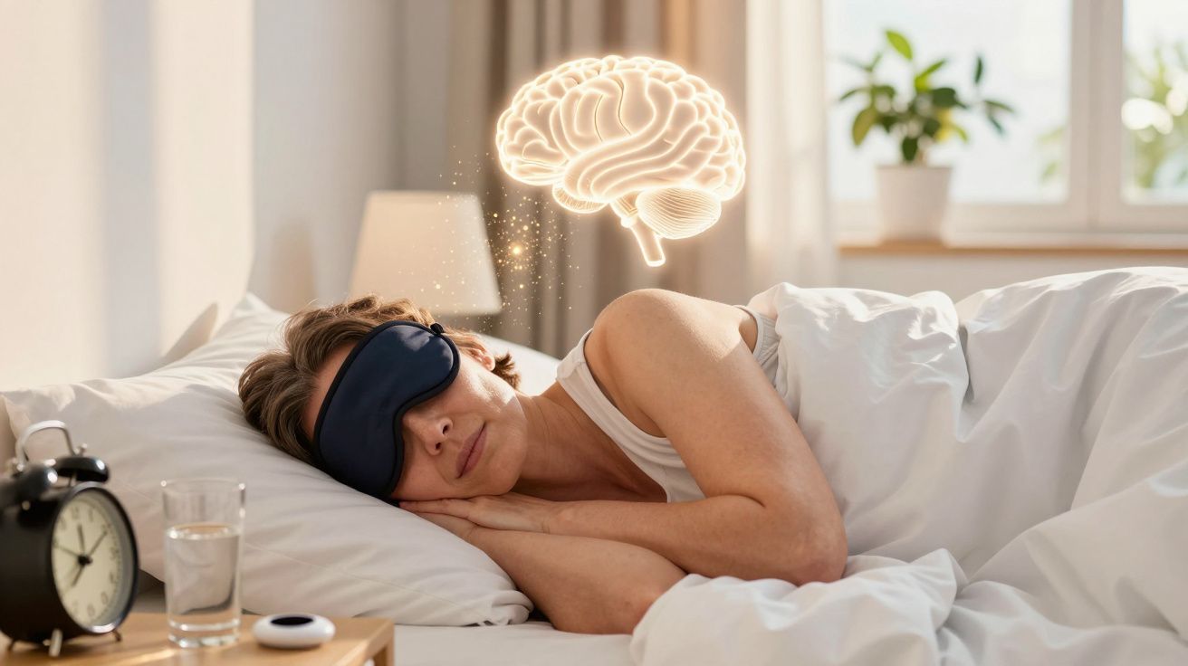 Pessoa a dormir com máscara de olhos, com ilustração digital de cérebro brilhante acima da cabeça.