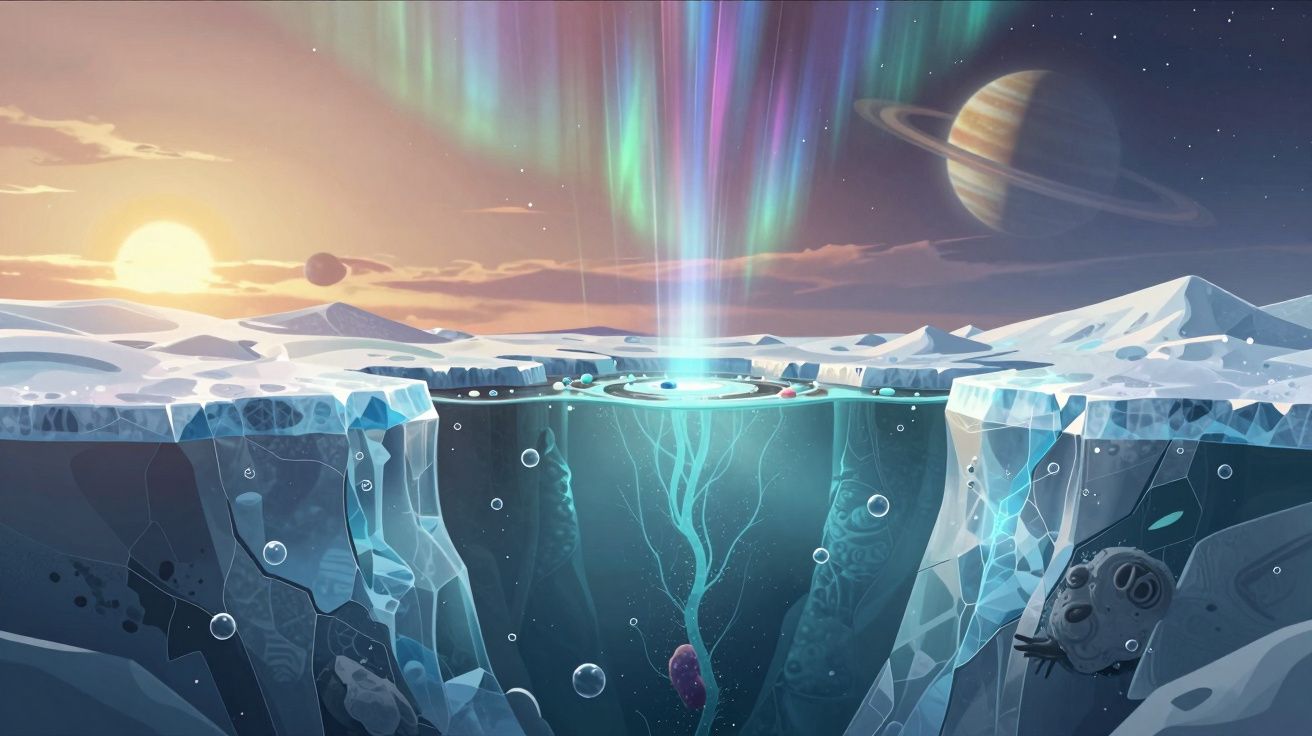 Paisagem gelada com aurora boreal, buraco profundo no gelo e planeta gigante no céu estrelado.