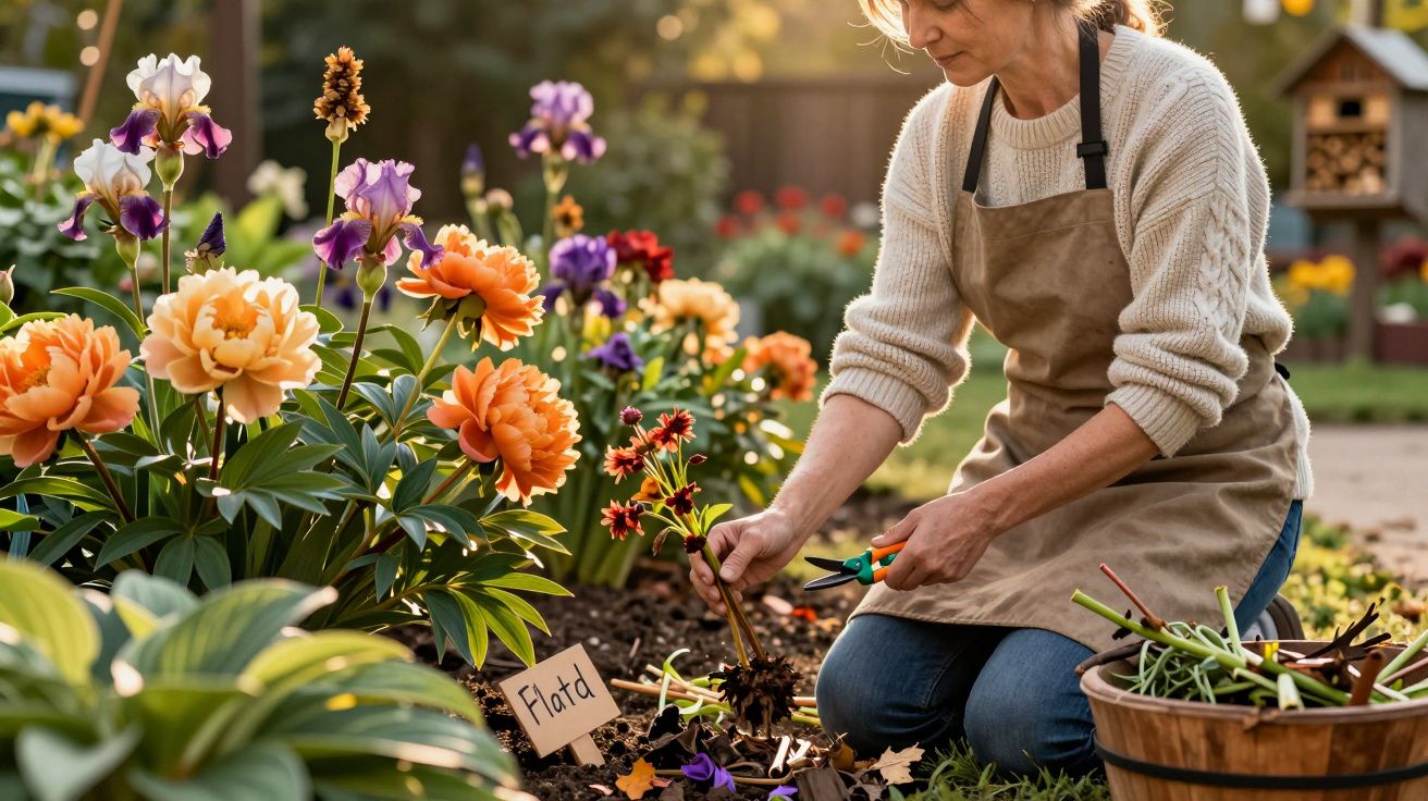 Mulher a cuidar de flores coloridas num jardim, cortando ramos secos com tesoura de poda.
