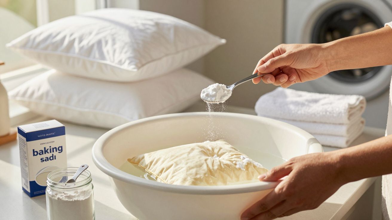 Pessoa a adicionar bicarbonato de sódio numa bacia com água e uma almofada dentro, com almofadas e máquina de lavar ao fundo.