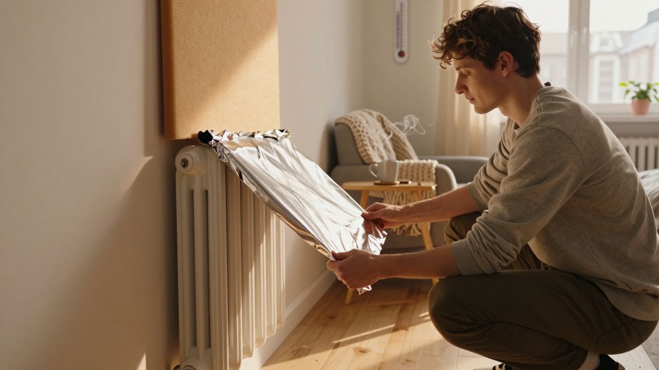 Jovem coloca papel de alumínio num radiador numa sala com luz natural e decoração confortável.