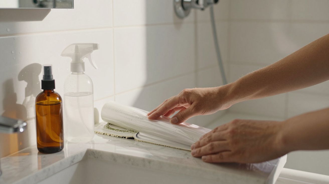 Mãos a folhear páginas de livro junto a garrafas de spray num lavatório de casa-de-banho.