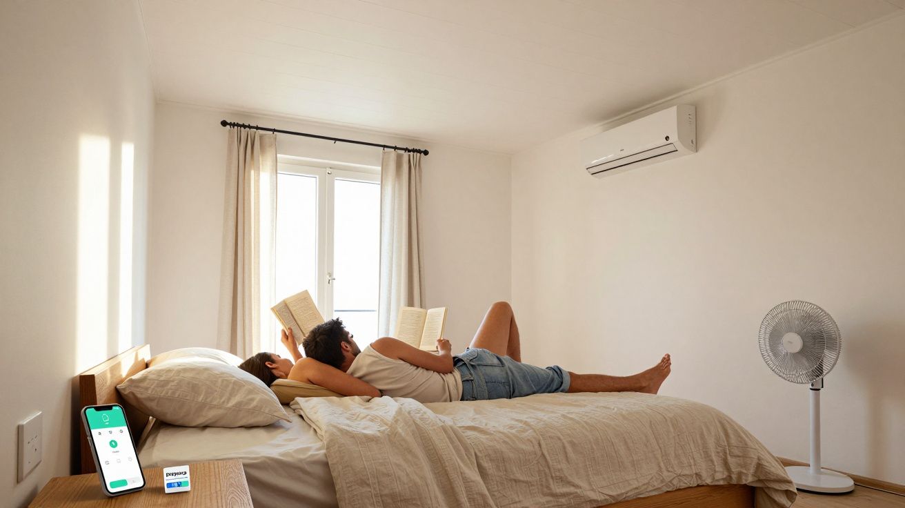 Casal deitado na cama a ler livros num quarto simples e iluminado, com ar condicionado e ventilador.