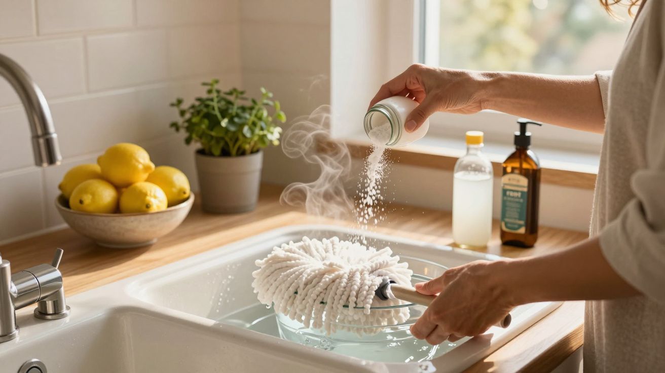 Pessoa a polvilhar bicarbonato de sódio em esfregona branca dentro de lava-loiça com água quente.