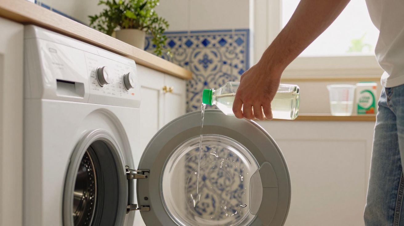 Pessoa a despejar detergente líquido numa máquina de lavar roupa numa cozinha luminosa.