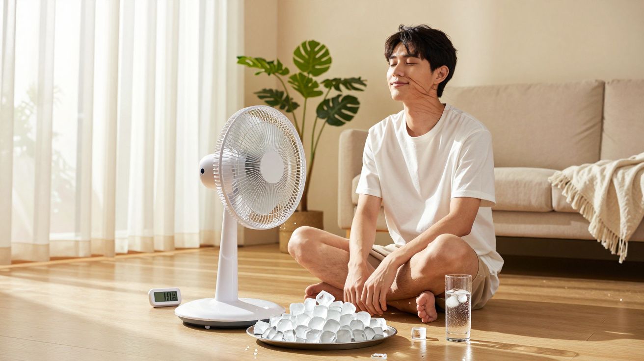 Homem sentado no chão perto de ventoinha, placa com gelo e copo de água numa sala iluminada e arejada.