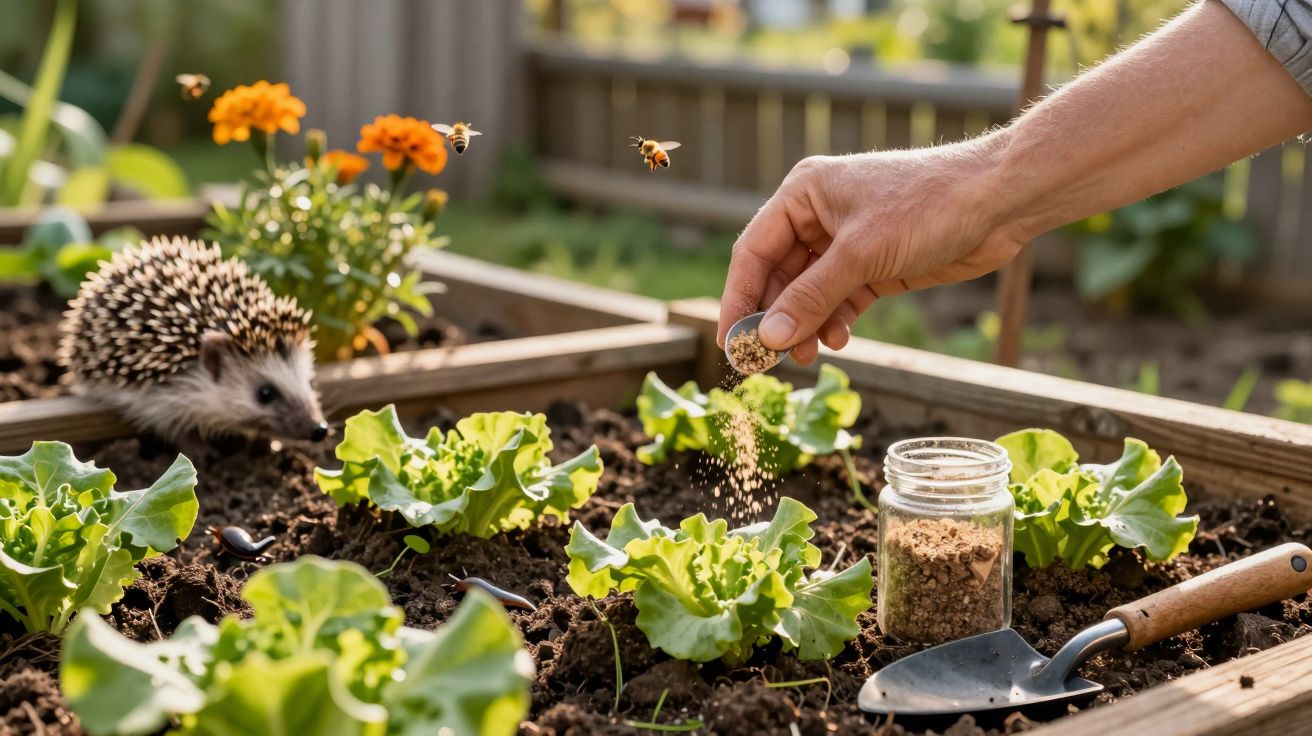 Mãos a semear plantas em canteiro com ouriço, abelhas e flores alaranjadas ao fundo.