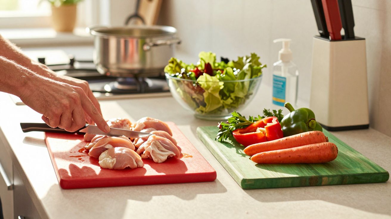 Pessoa a cortar pedaços de frango numa tábua vermelha, com legumes e salada ao lado numa cozinha iluminada.