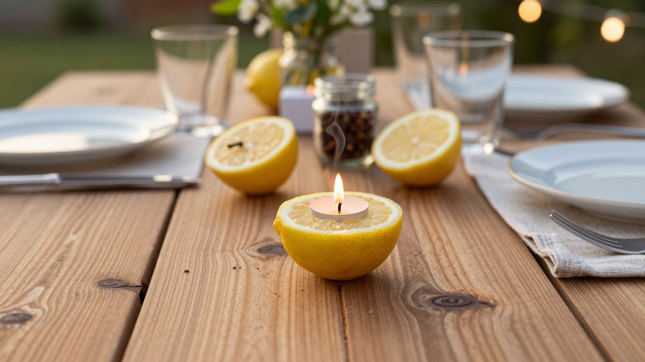 Mesa de madeira posta para refeição com velas em metades de limão e pratos brancos.