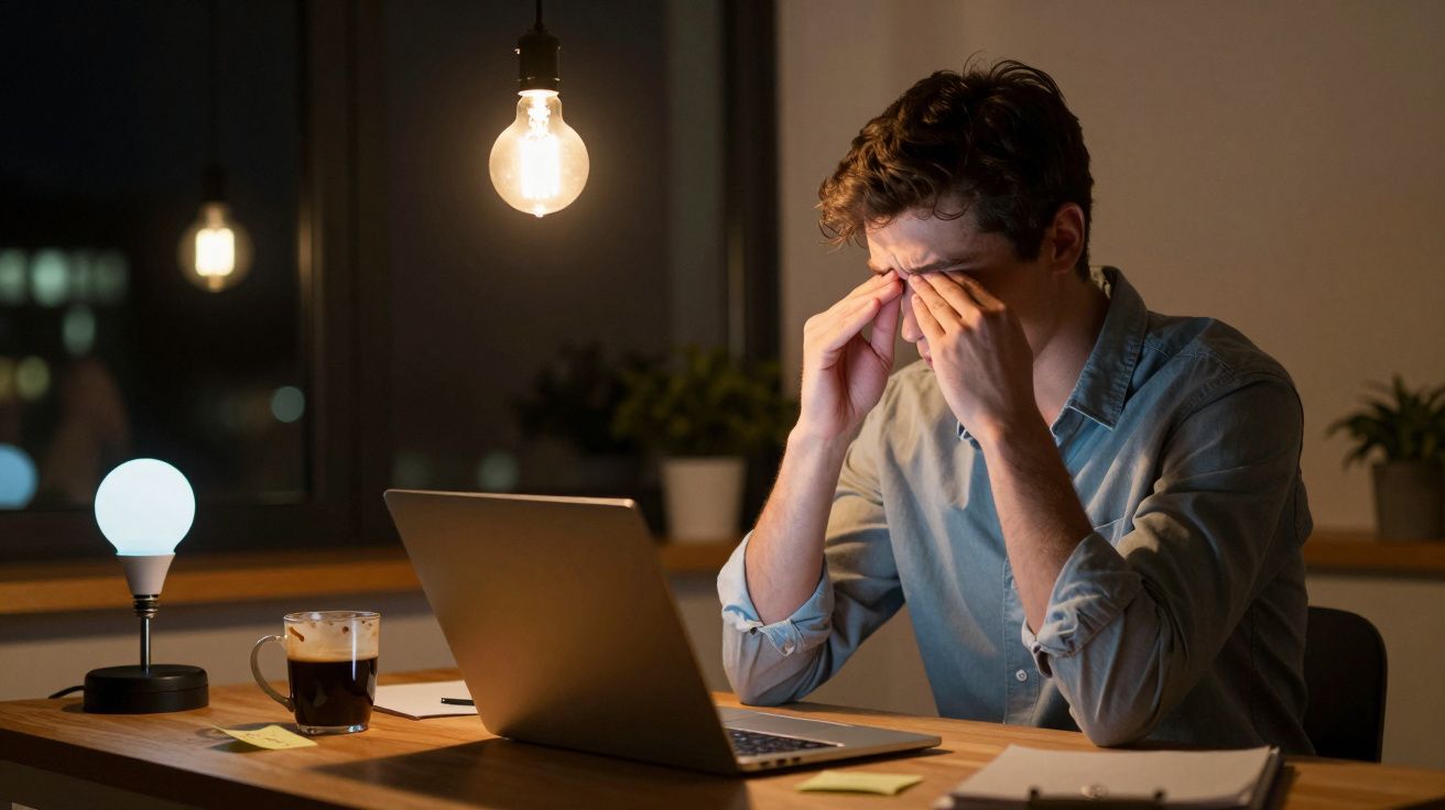 Homem cansado esfregando os olhos sentado a uma mesa com portátil, duas lâmpadas acesas no ambiente escuro.