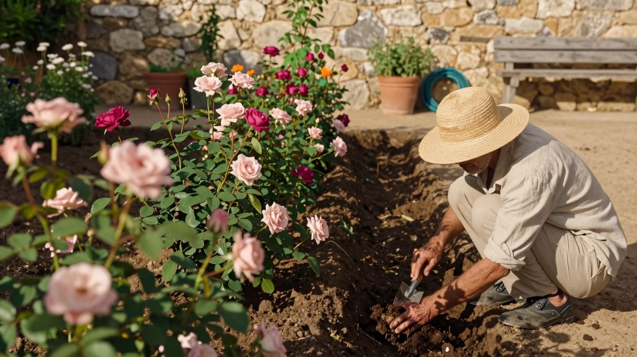 Homem com chapéu a cuidar de canteiro de rosas cor-de-rosa e vermelho num jardim com parede de pedra.