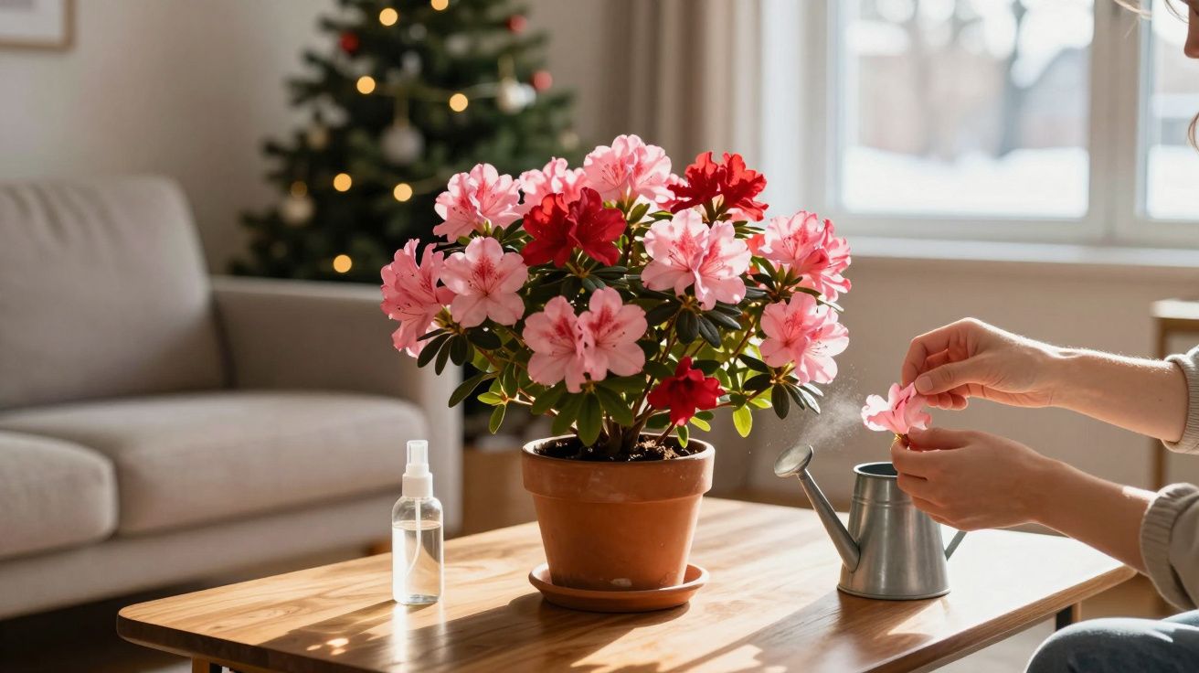 Mãos a cuidar de flor cor-de-rosa e vermelha em vaso de barro numa mesa de madeira, com sofá e árvore de Natal ao fundo.
