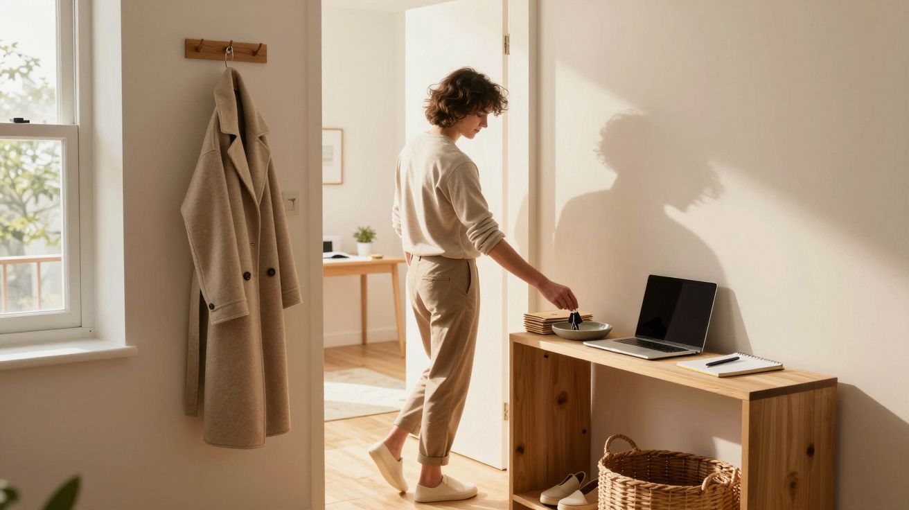 Pessoa a apanhar comida numa tigela sobre móvel de madeira num espaço luminoso e minimalista.