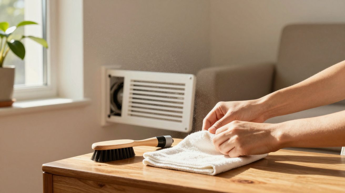 Mãos usando um pano para limpar móveis de madeira com escova e ventilador na parede ao fundo.