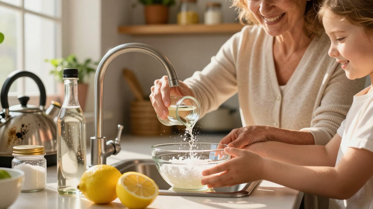 Mulher idosa e menina criança preparam receita juntas numa cozinha iluminada, com limões e utensílios na bancada.