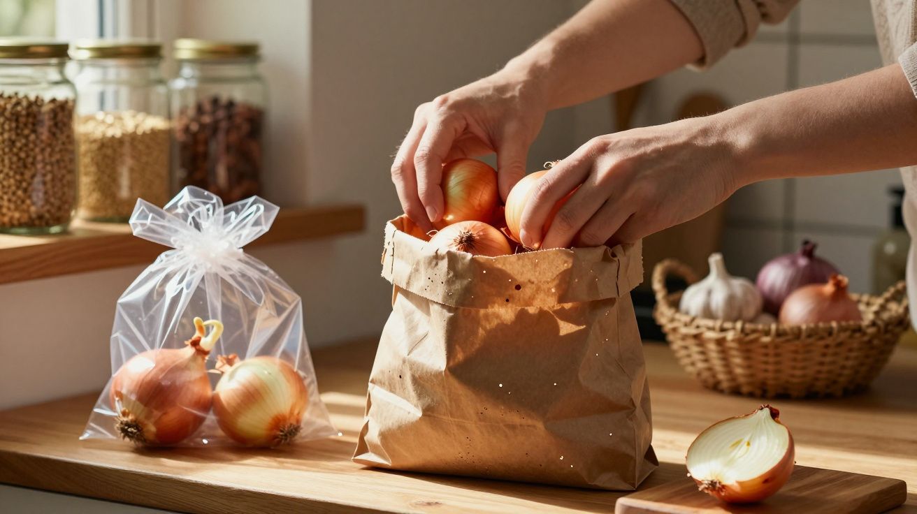 Mãos a guardar cebolas em saco de papel numa cozinha com frascos e cesto de cebolas ao fundo.