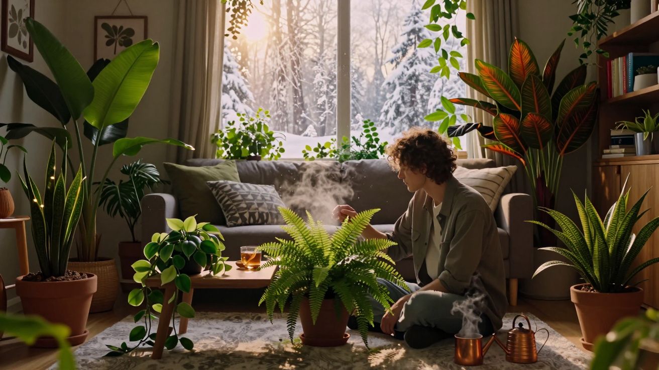 Pessoa rega diversas plantas dentro de uma sala aconchegante com janela mostrando paisagem nevada.