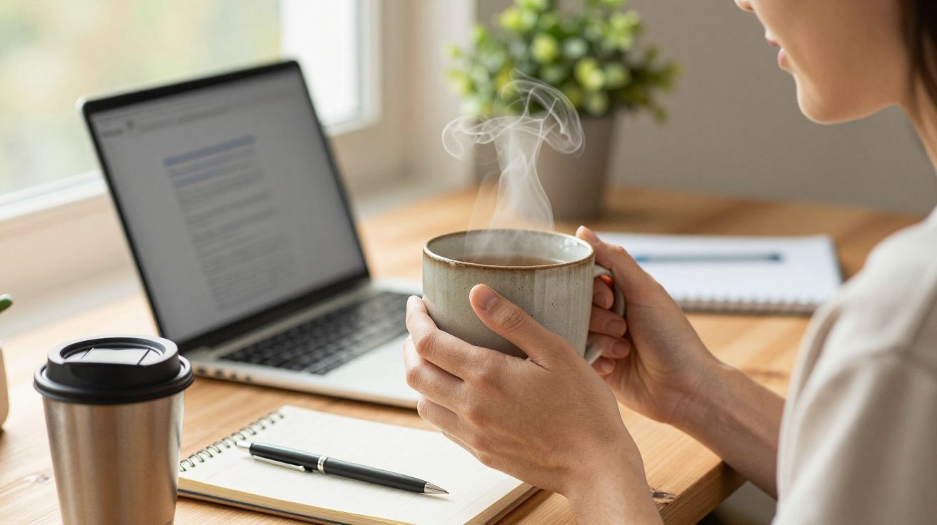 Pessoa a segurar chá quente junto a computador portátil, caderno e caneta numa mesa de trabalho iluminada.