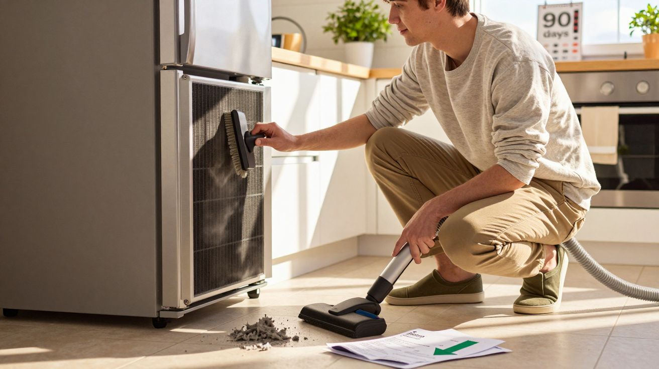 Homem a limpar o filtro da parte inferior de um frigorífico com uma escova e aspirador na cozinha.