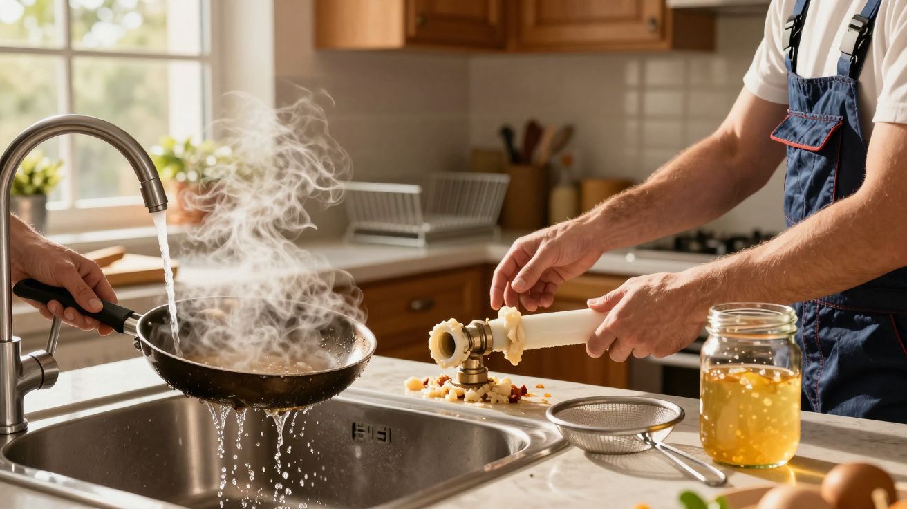 Pessoa a usar acessório para triturar legumes ao lado de pia com água a escorrer numa cozinha.