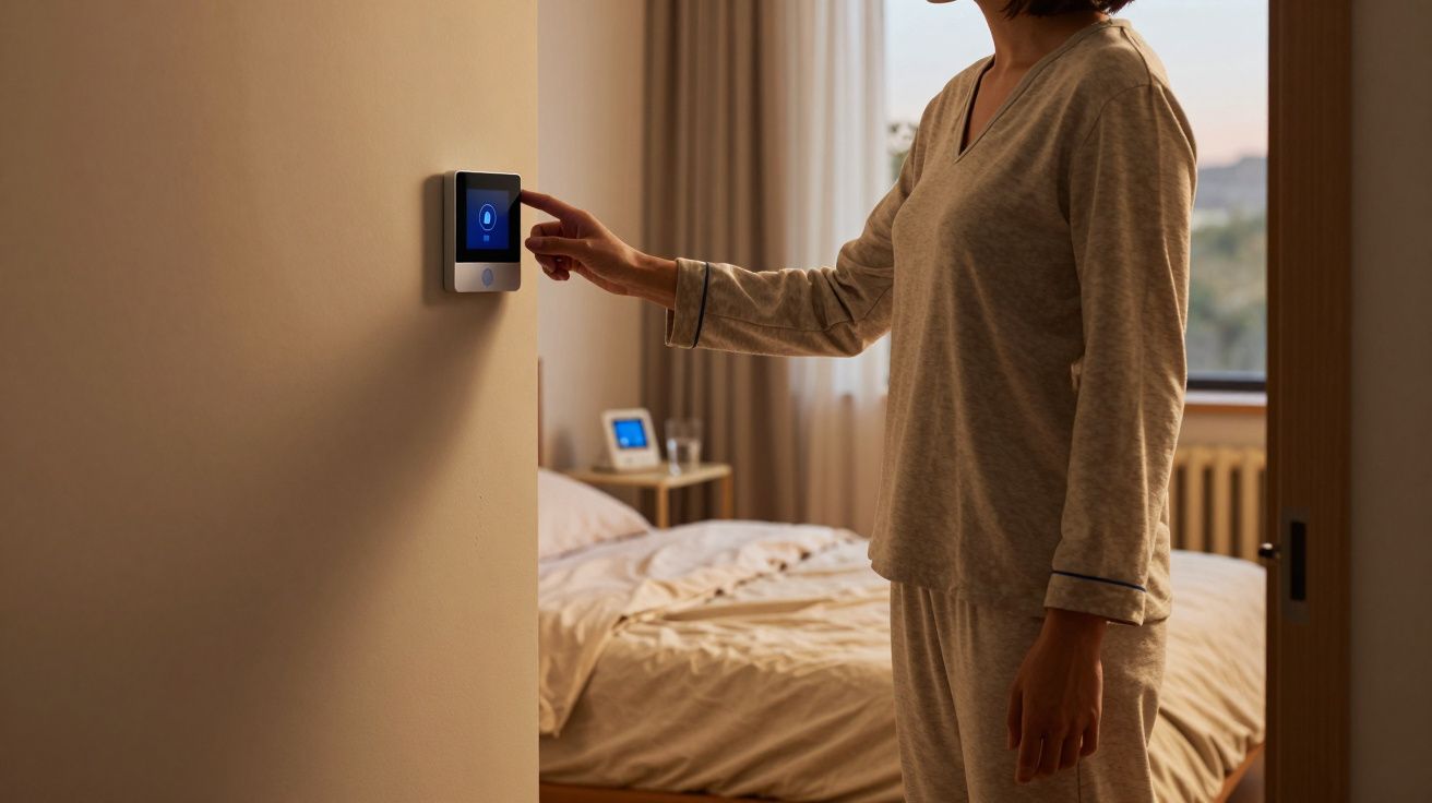 Pessoa em pijama a ajustar o termóstato digital numa parede, com quarto arrumado ao fundo.