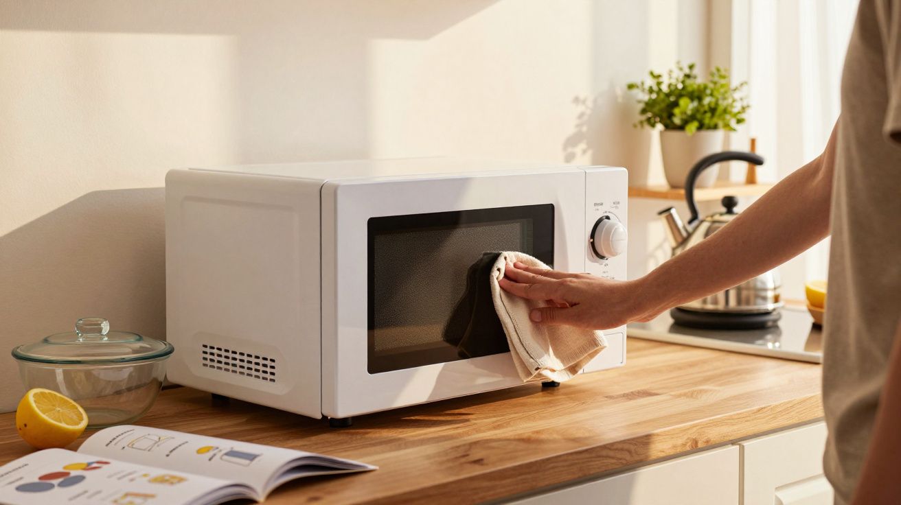 Pessoa a limpar o exterior de um micro-ondas branco numa bancada de cozinha com utensílios ao redor.