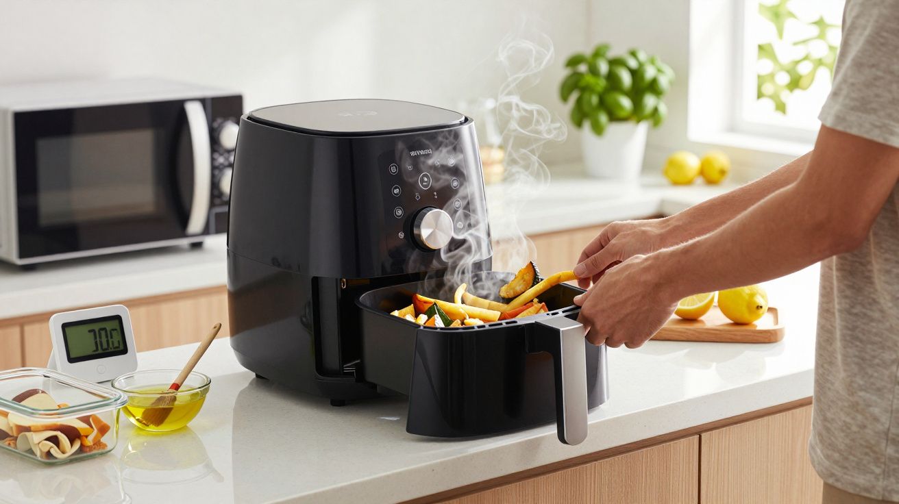 Pessoa a retirar legumes acabados de cozinhar numa fritadeira sem óleo numa cozinha moderna.