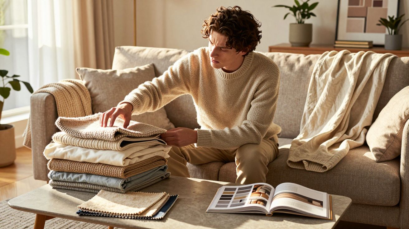 Pessoa a escolher tecidos numa pilha, sentado num sofá cinzento, com catálogo aberto numa mesa de madeira.