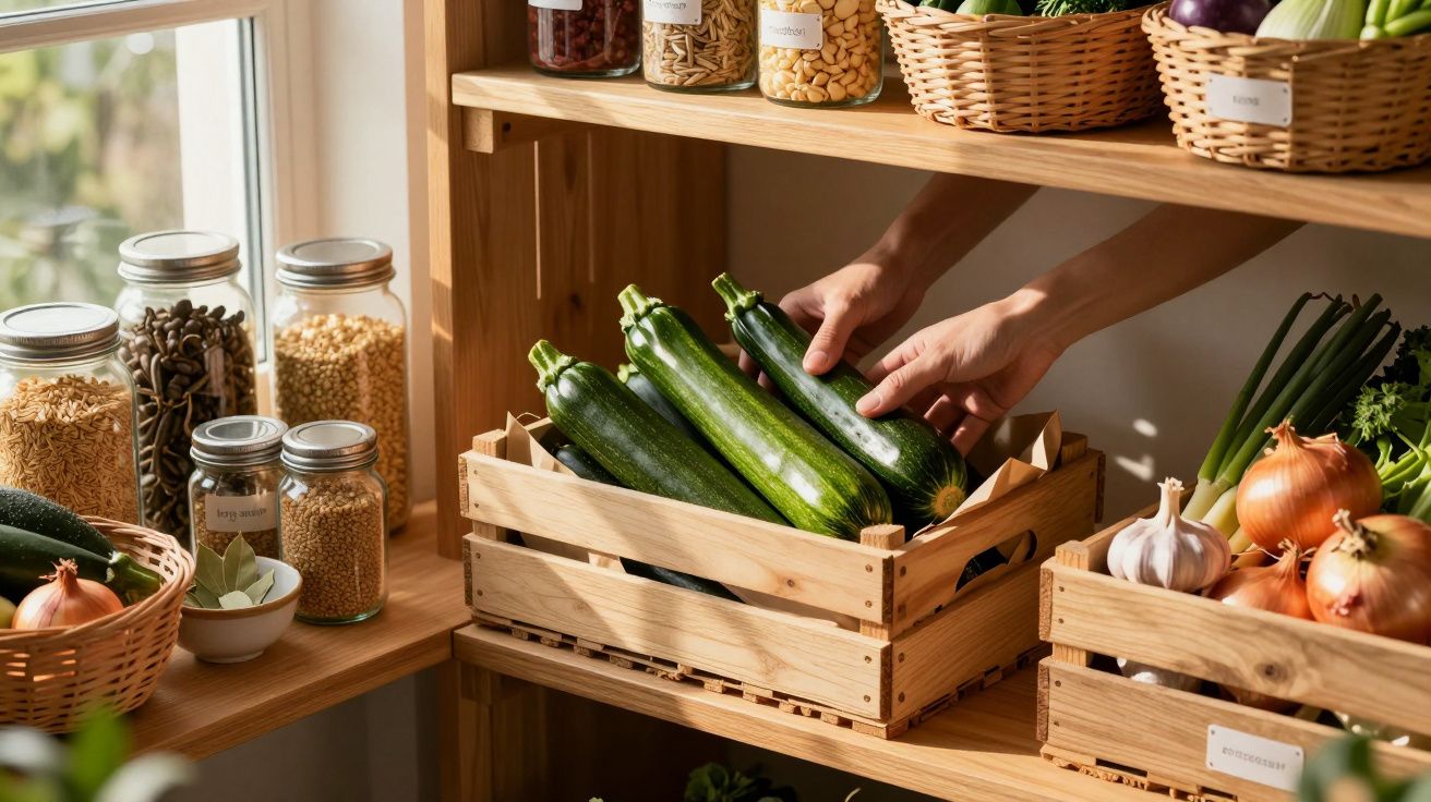 Caixas de madeira com legumes frescos, incluindo courgettes, cebolas e azeite, em prateleiras junto a uma janela.